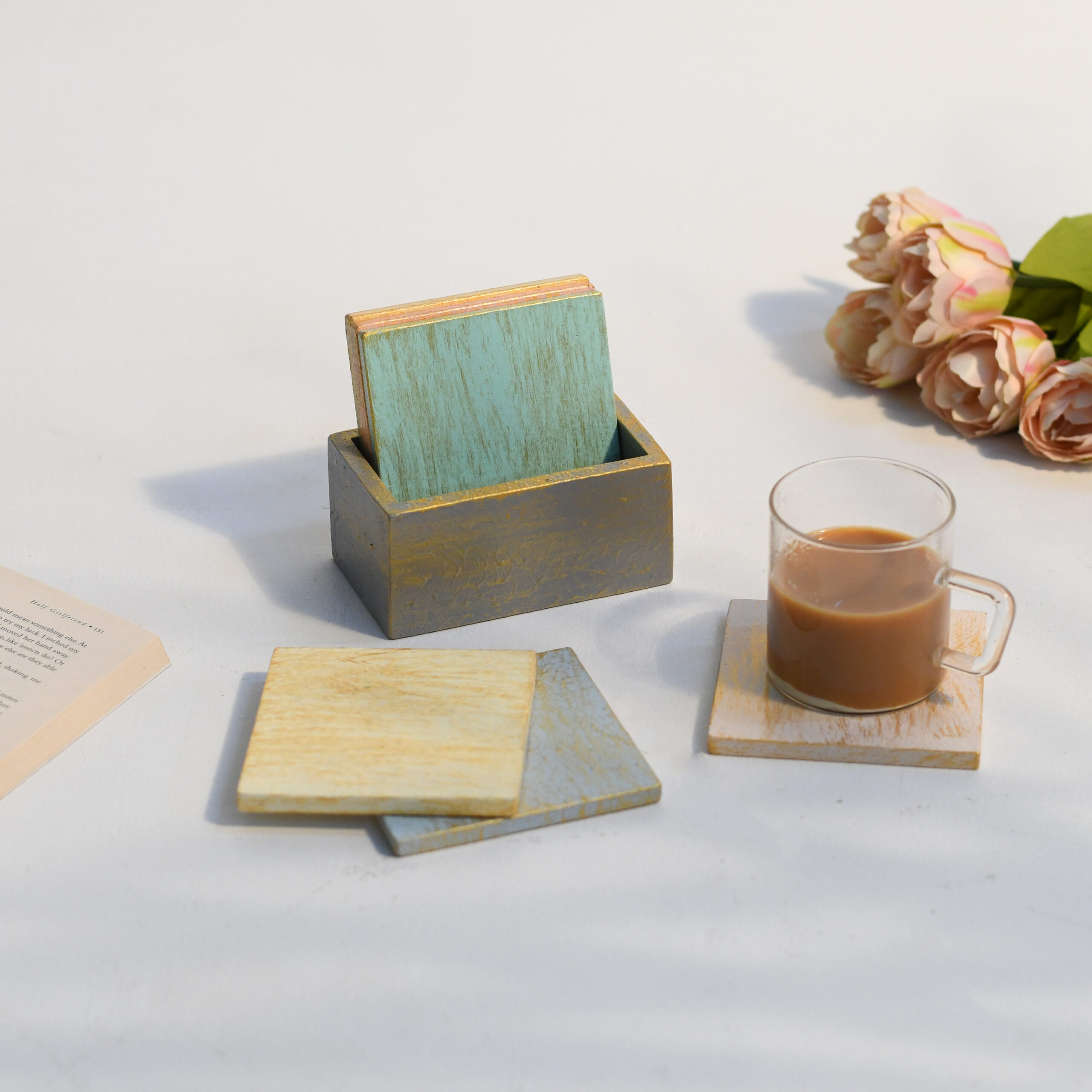 Grey Dessert Tea Coasters with Holder (Multicolor, Set of 6)