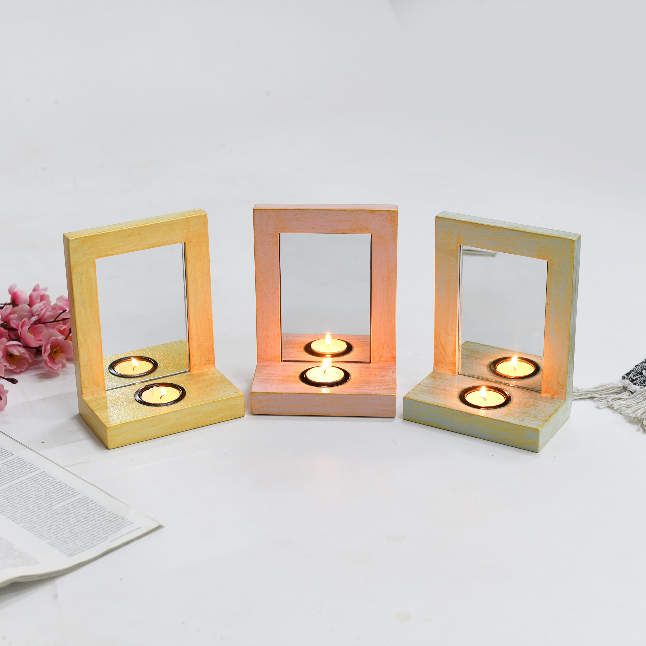 CRAFTMITRA MULTICOLOR Candle Holders With Mirror (Pack of 3)
