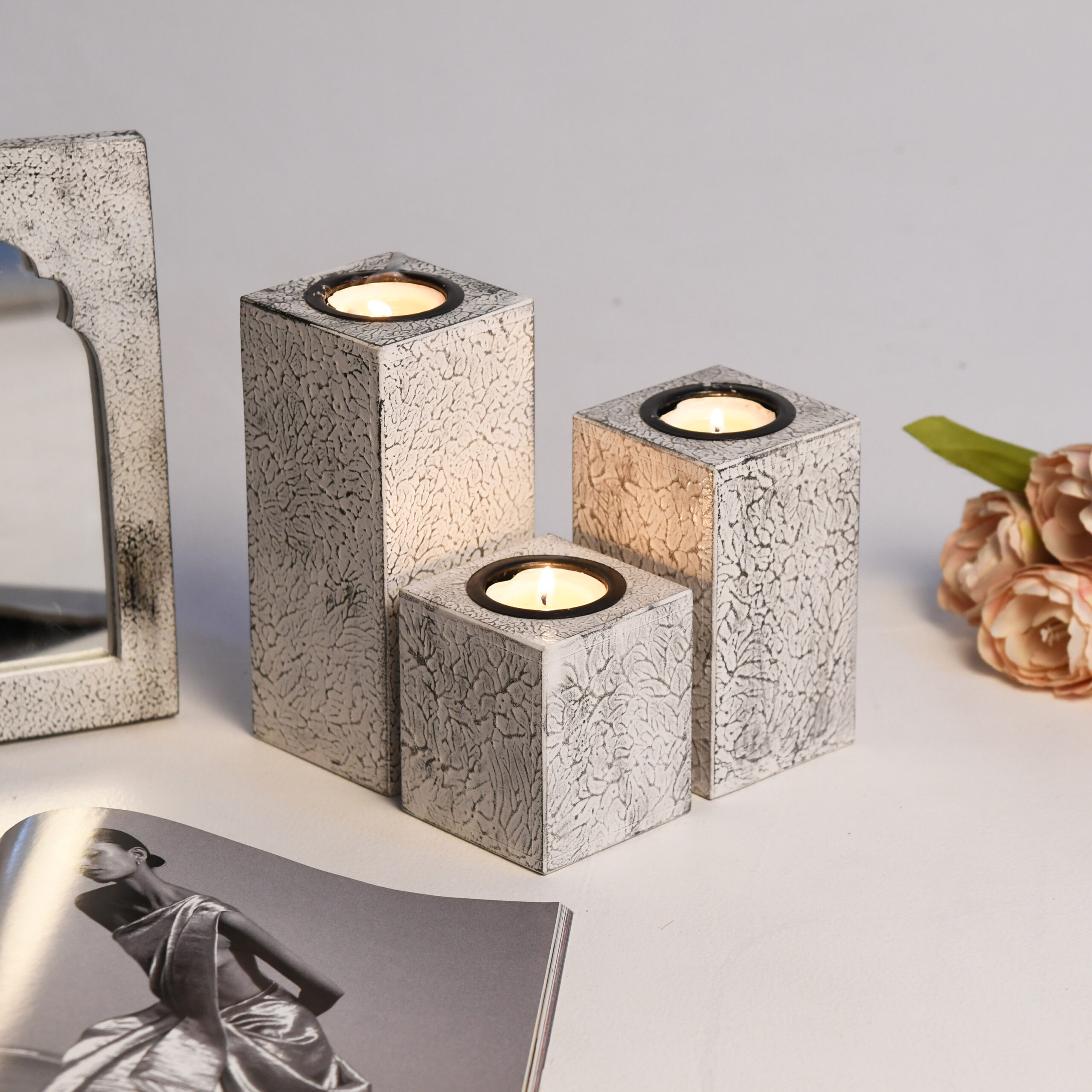 CRAFTMITRA GRAY Candle Holders (Set of 3)