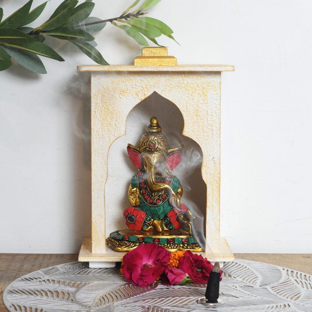 White Golden Wooden Mandir