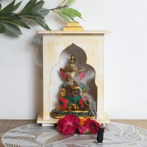 White Golden Wooden Mandir