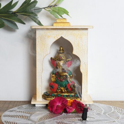 White Golden Wooden Mandir