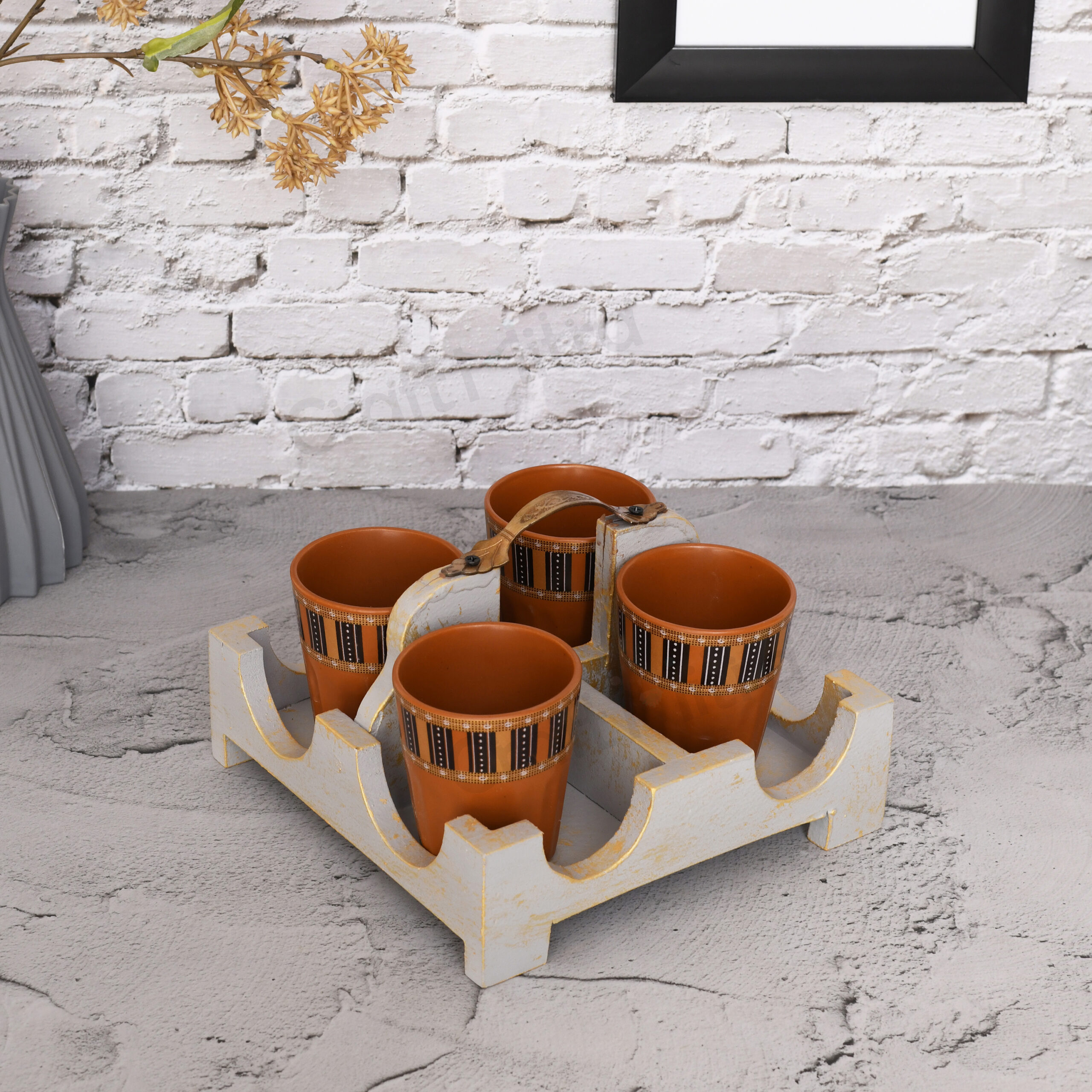 Cutting Chai Glass Set with wooden Stand - Image 1